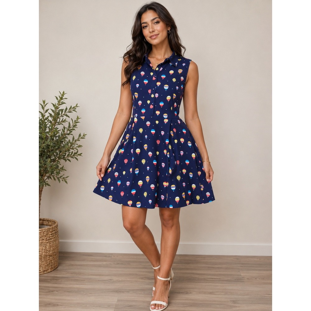 L.A.SGUL Navy Hot Air Balloon Print Sleeveless Shirt Dress Womens‎ Large A-Line